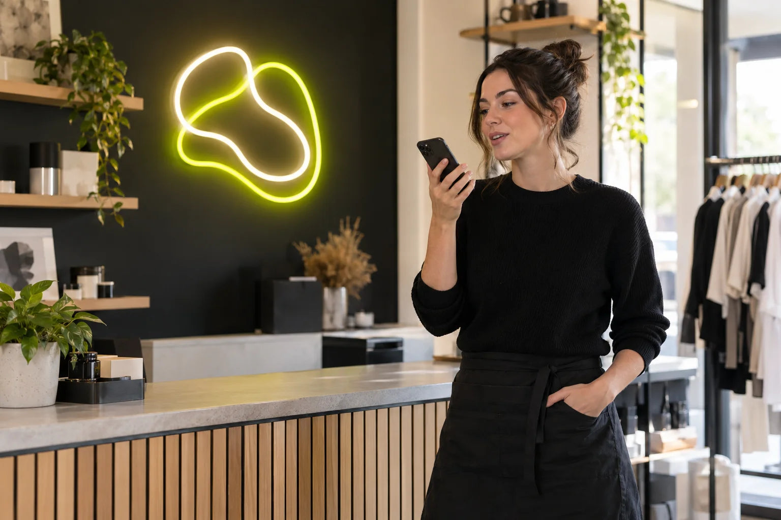 Shop owner using a phone beside an illuminated LED neon sign