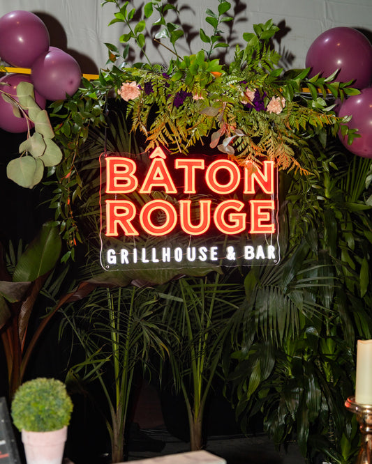 custom neon signs for bars and restaurants. Logo neon sign featuring brand logo and colours. Full colour printing of brand logo, outlined with neon lights