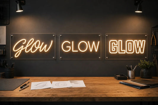 Concept rendering comparing script, rounded and block fonts in warm white LED neon