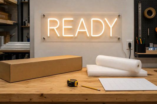 Concept rendering of a READY LED neon sign above an organized quality-control and packing bench