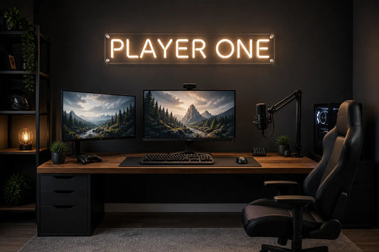 Concept rendering of a gaming desk with a PLAYER ONE LED neon sign positioned above and behind the monitors