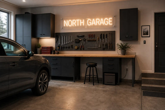 Concept rendering of a NORTH GARAGE LED neon sign mounted above an organized garage workbench