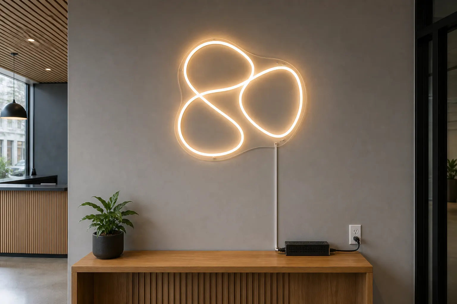 Warm white abstract LED neon sign with a straight cable route to an accessible power supply and nearby wall outlet
