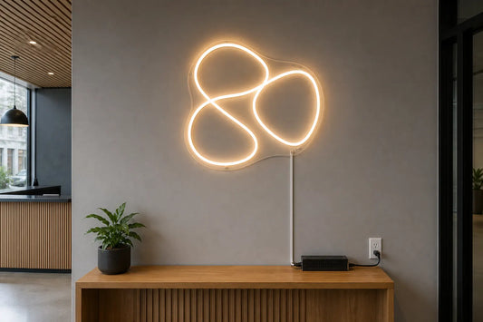Warm white LED neon sign with a straight wall raceway leading to an accessible power supply and outlet