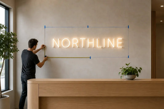 Installer measuring a wall to choose the right custom neon sign size