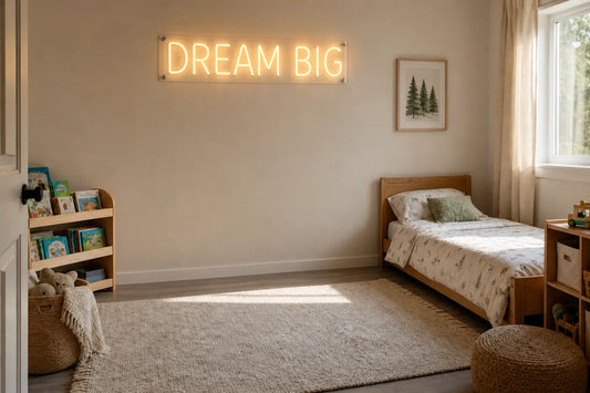 Concept rendering of a children's reading room with a warm-white DREAM BIG LED neon sign mounted away from the bed