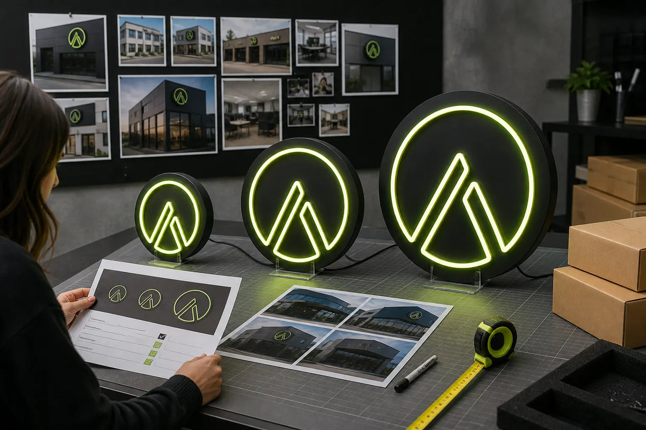 Concept rendering of three sizes of a matching illuminated logo sign prepared for multiple business locations