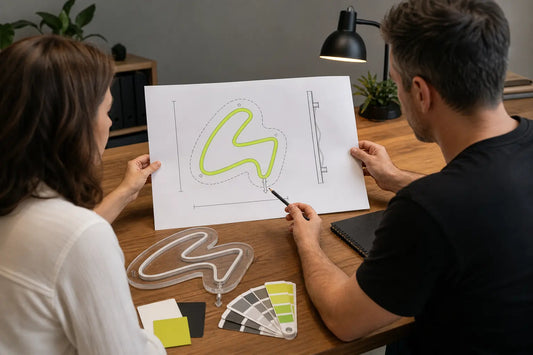 Two people reviewing dimensions, backing and cable placement on a custom LED neon sign proof