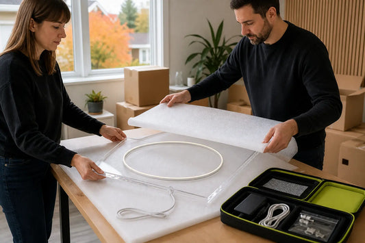 Two people supporting an acrylic LED neon sign while adding protective foam for a move