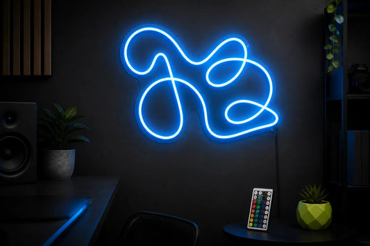 Concept rendering of an abstract RGB LED neon sign displaying one steady blue colour beside a colour controller