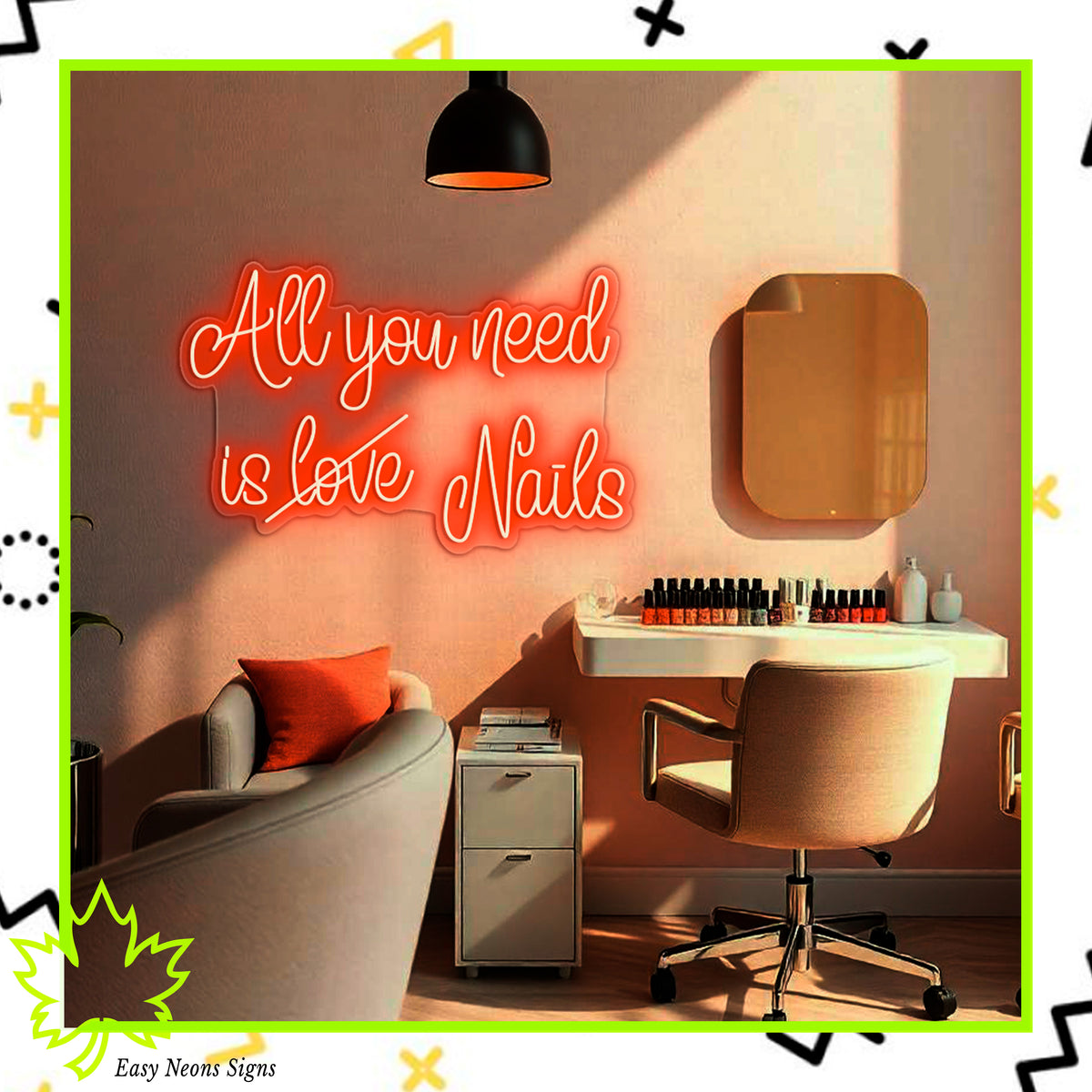 All You Need Is Love Nails neon sign, custom LED neon sign, personalized neon sign, neon wall sign for nail salons, beauty studios, and home decor.