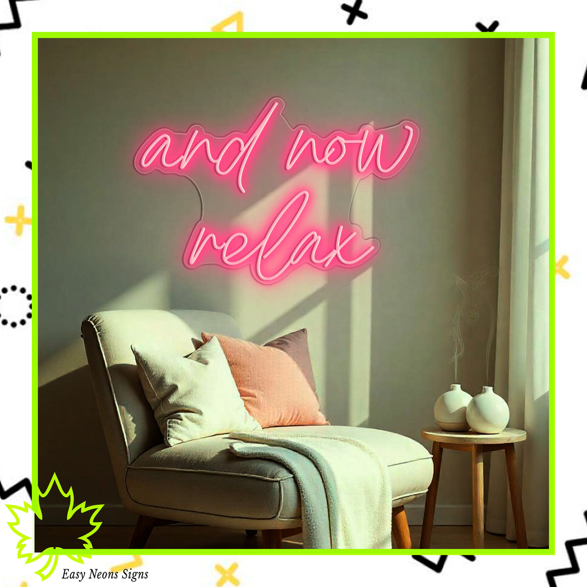 And Now Relax Neon Sign, custom LED neon sign, personalized neon light, neon wall sign, LED sign for home, business, and spa decor.