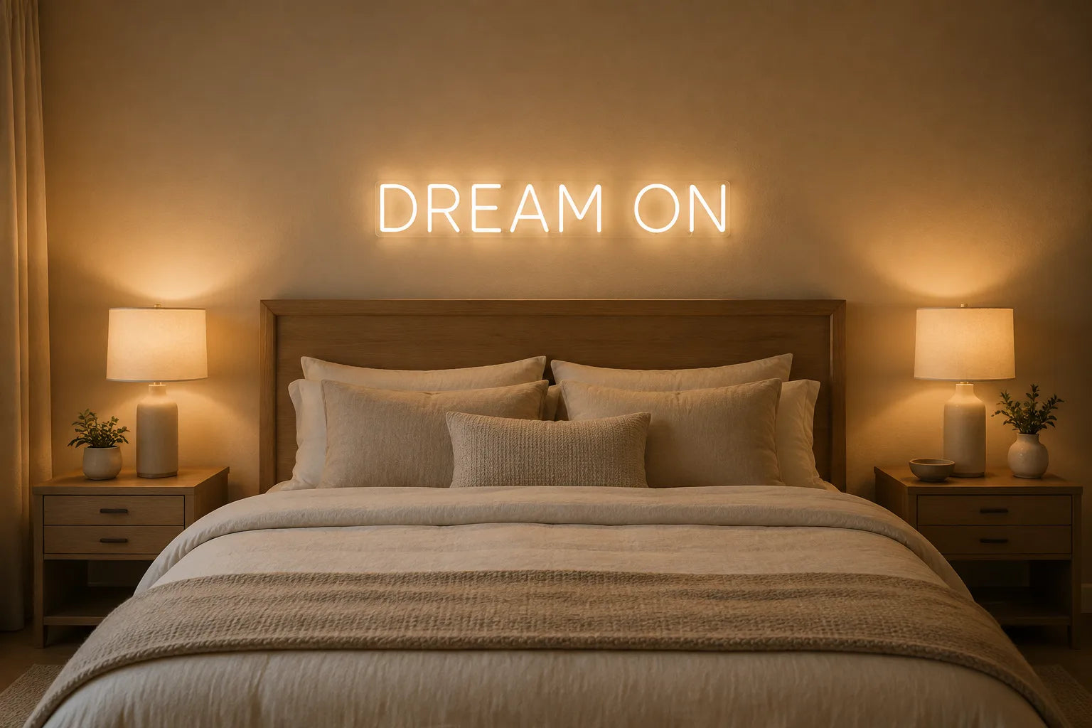 Warm white Dream On custom LED neon sign centred above a king bed