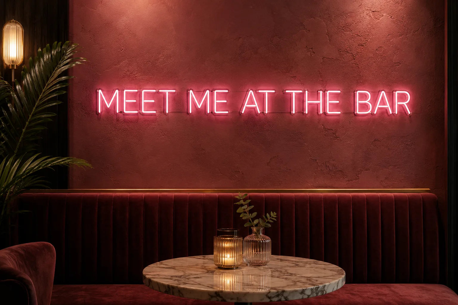 Pink Meet Me at the Bar custom LED neon sign above a burgundy restaurant banquette