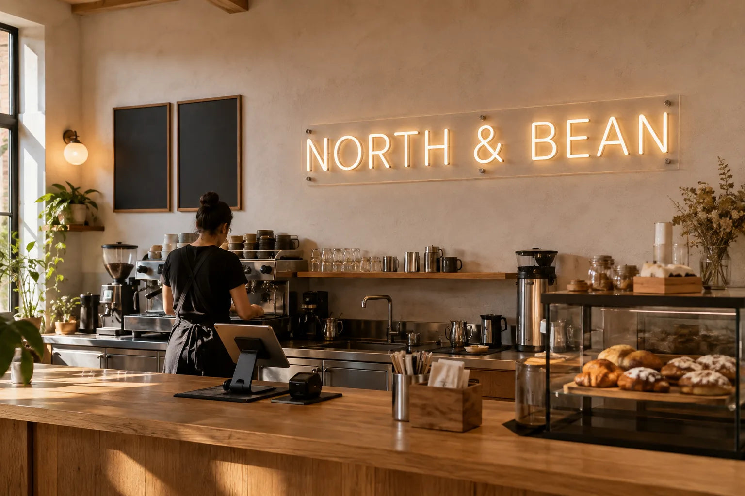 Warm white North and Bean custom LED neon sign behind a Canadian café counter
