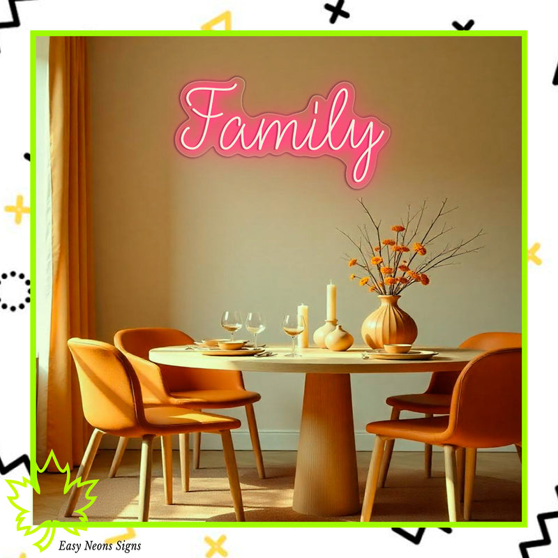 Family neon sign, custom LED neon sign, neon wall sign, personalized neon sign for home, living room, bedroom, or office decor.