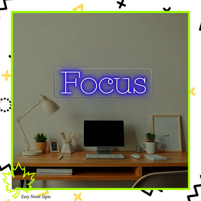 Focus neon sign, custom LED neon light, motivational neon sign, personalized neon sign for home, office, or gym decor.