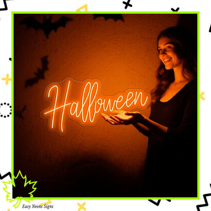 Happy Halloween neon sign glowing orange LED for spooky decor
