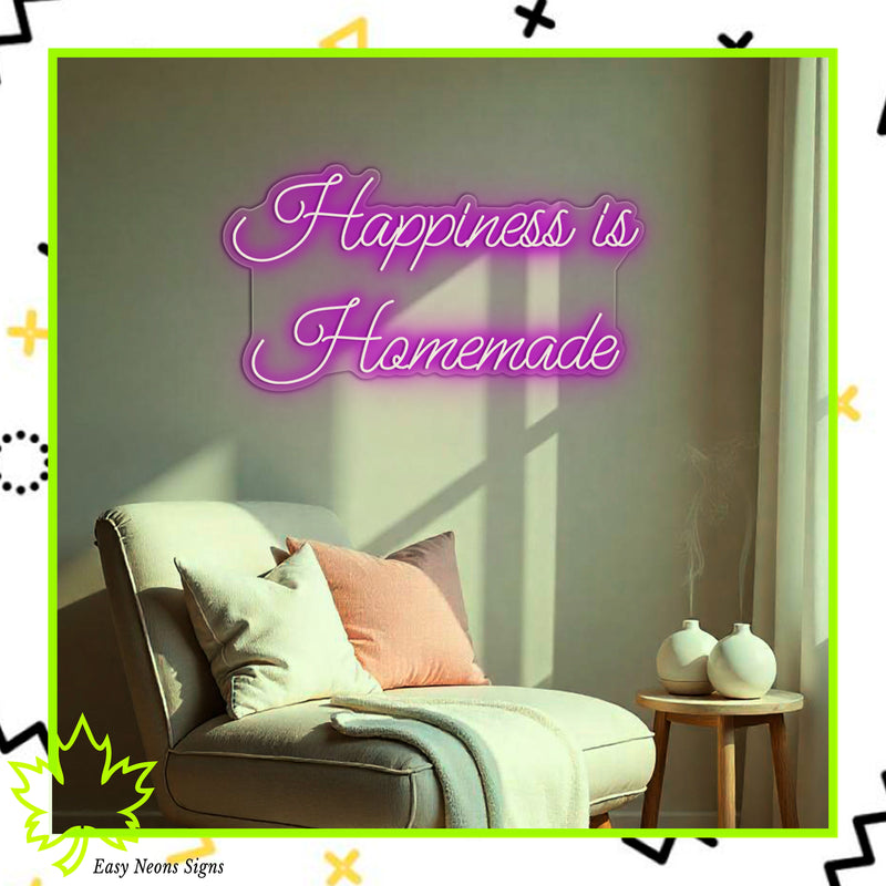 Happiness Is Homemade Neon Sign – Custom LED neon sign, neon wall sign, and personalized light-up sign for home decor.