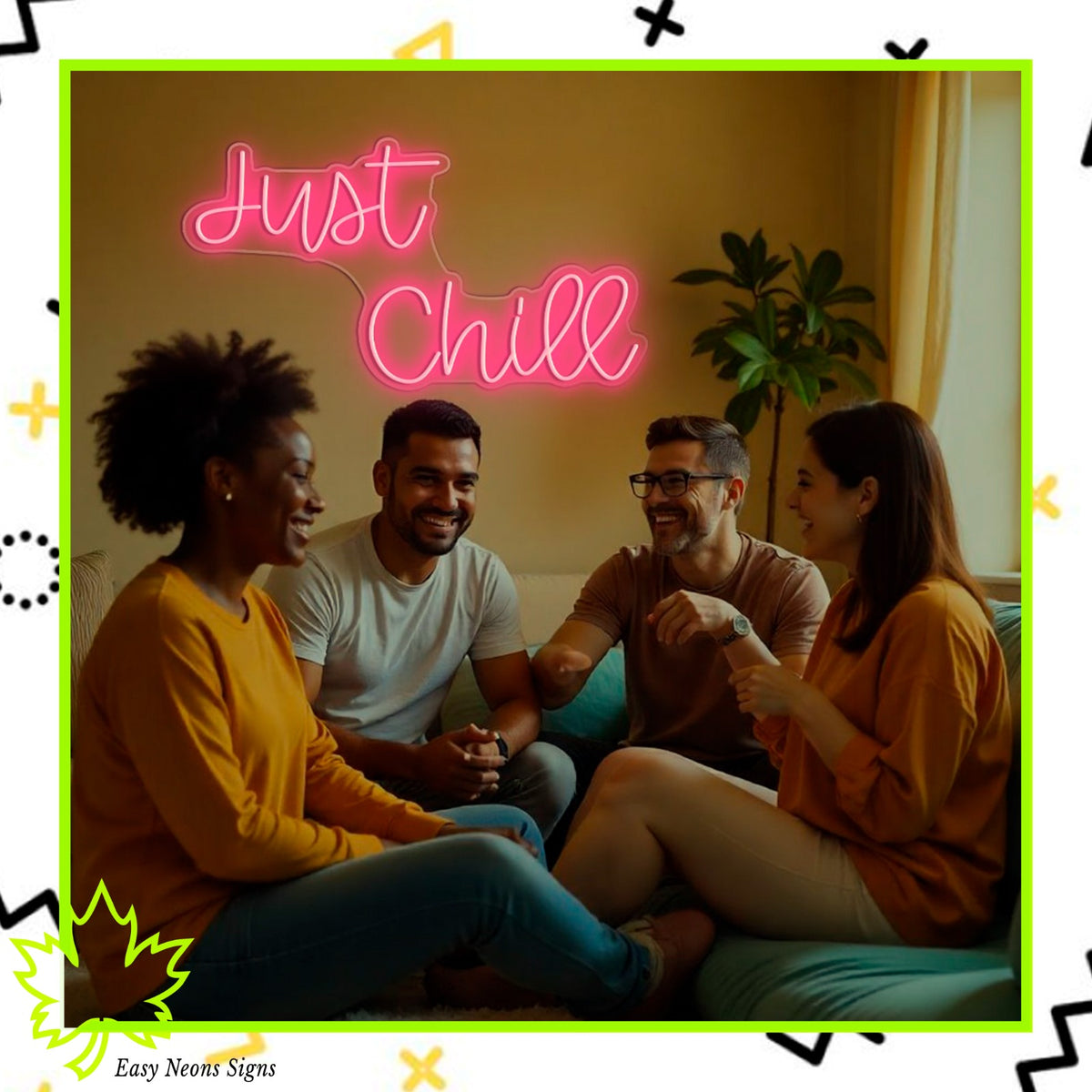 Just Chill Neon Sign, custom LED neon sign, personalized neon light, neon wall sign, LED sign for home, business, bar, and event decor.