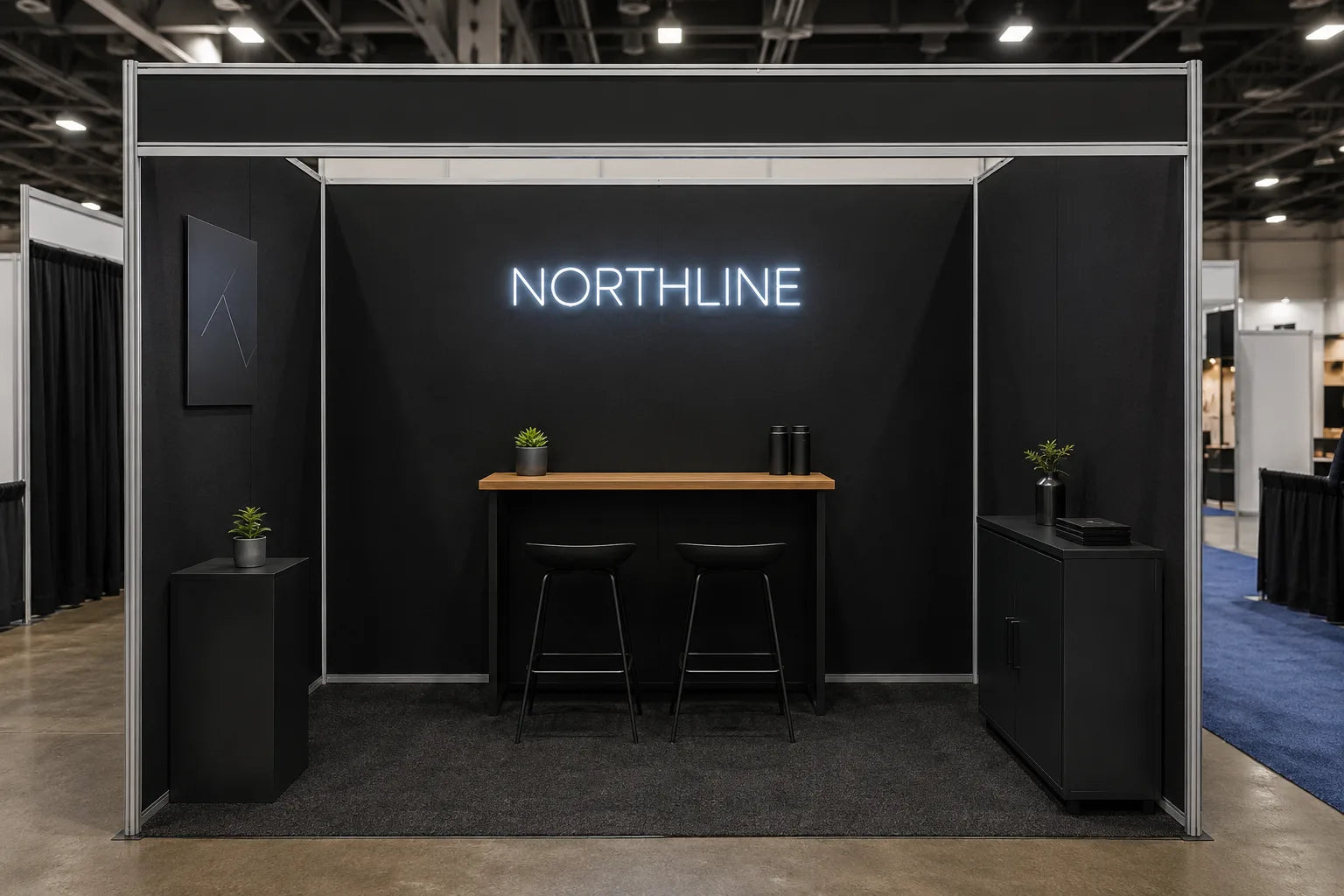 White Northline LED neon business logo centred in a ten-foot trade show booth
