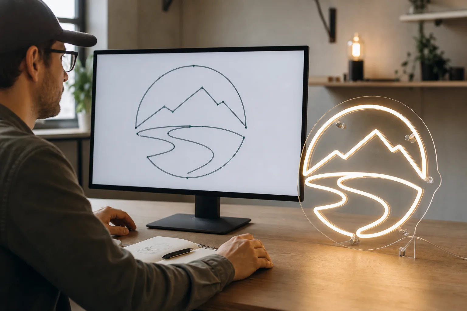 Designer comparing vector logo artwork with a matching warm white LED neon prototype
