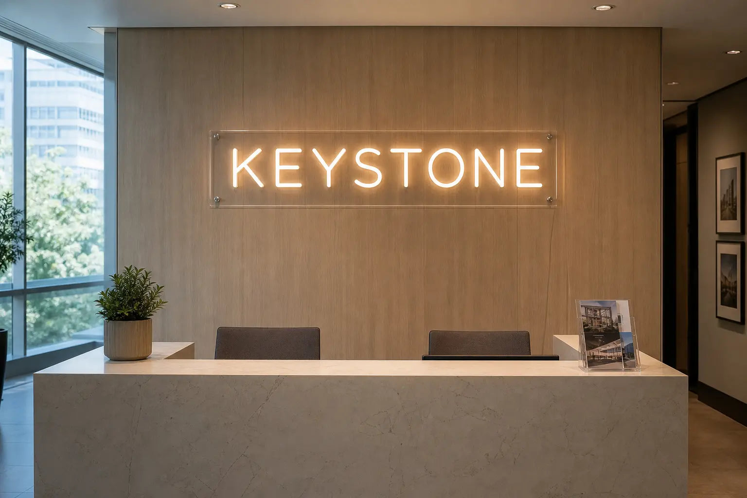 Concept rendering of a warm white Keystone LED neon logo behind a modern reception desk