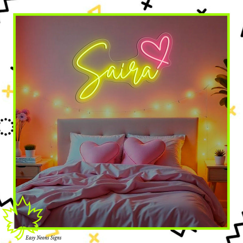Saira Neon Sign, custom LED neon sign, personalized neon light, neon wall sign, LED sign for home, business, bar, and event decor.