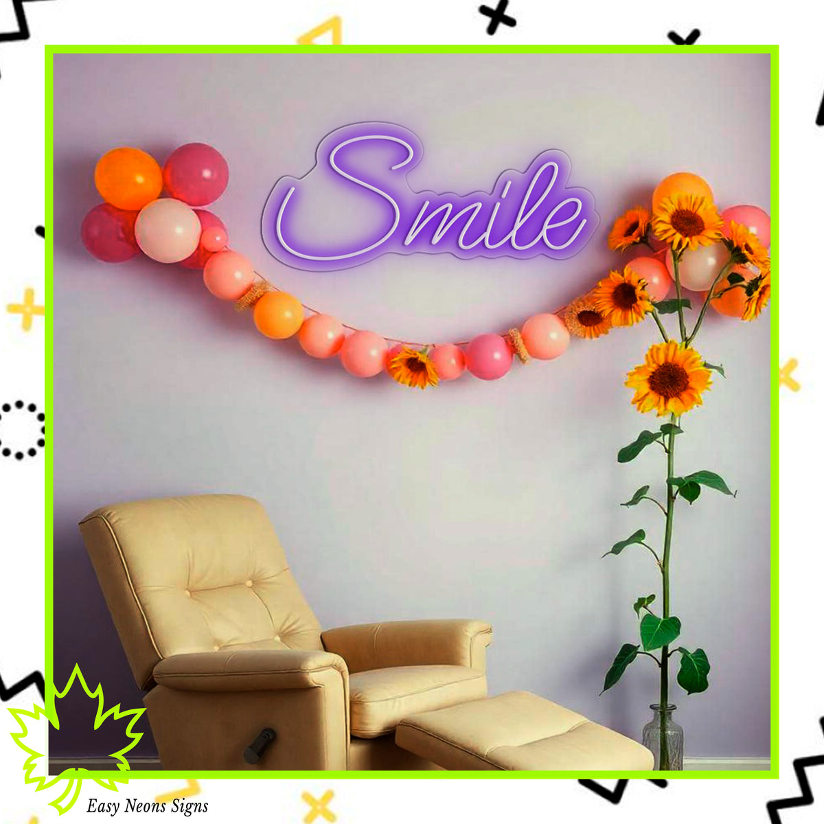 Smile neon sign, custom LED neon light, positive neon sign, light up sign, neon wall decor.