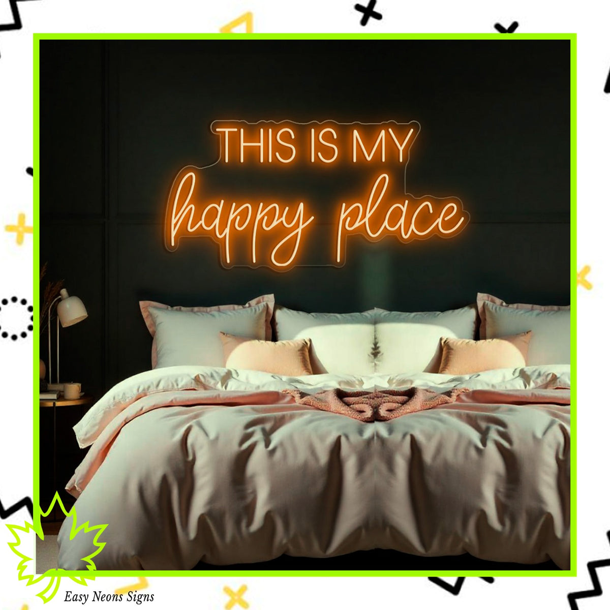 This Is My Happy Place Neon Sign, custom LED neon sign, personalized neon light, neon wall sign, LED sign for home, business, bar, and event decor.