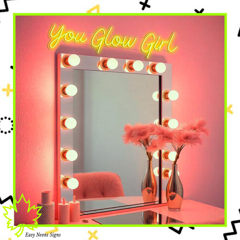 You Glow Girl Neon Sign, custom LED neon sign, personalized neon light, neon wall sign, LED salon sign, neon sign for home, business, beauty decor.