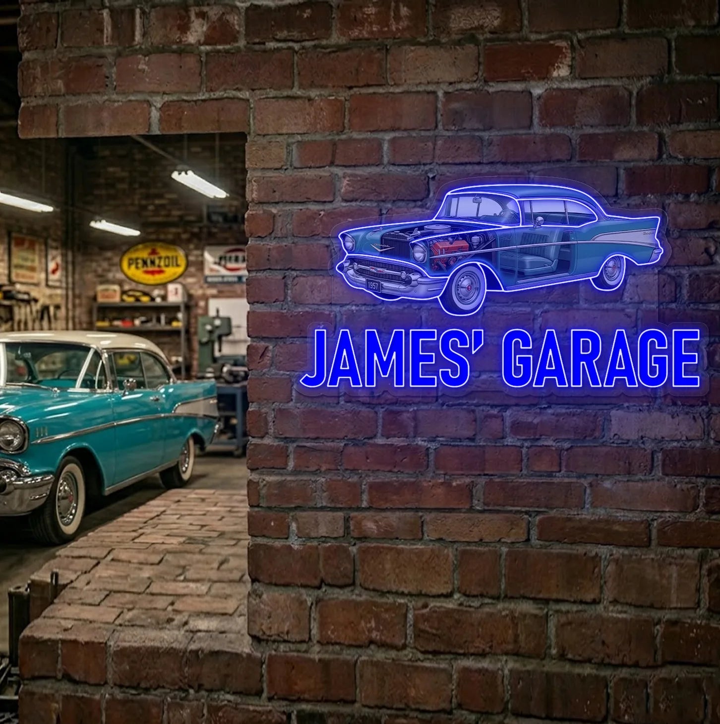 Custom garage neon signs Canada - James Garage classic car LED neon sign on brick wall