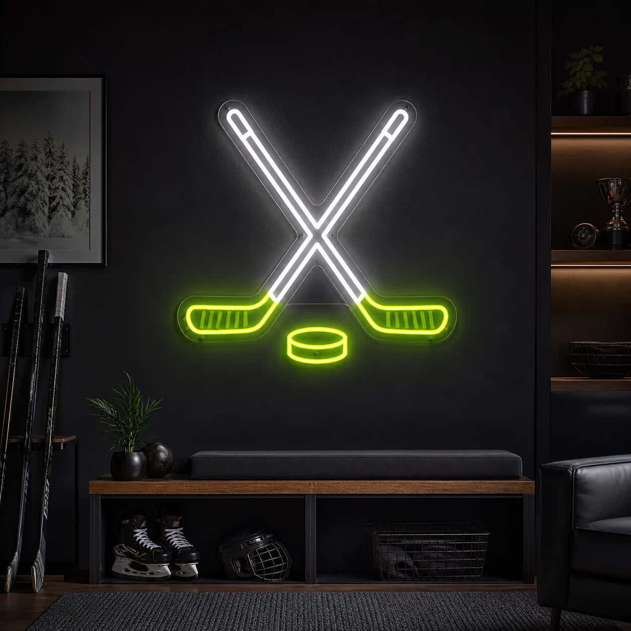 Enseigne lumineuse LED conceptuelle représentant des crosses de hockey croisées et un palet dans une salle de loisirs