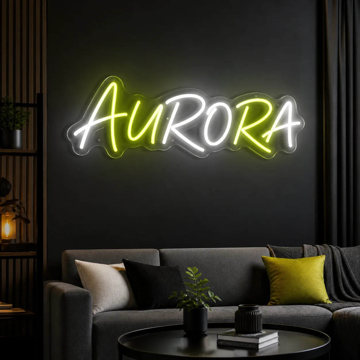 Enseigne lumineuse LED Aurora Concept sur un mur anthracite