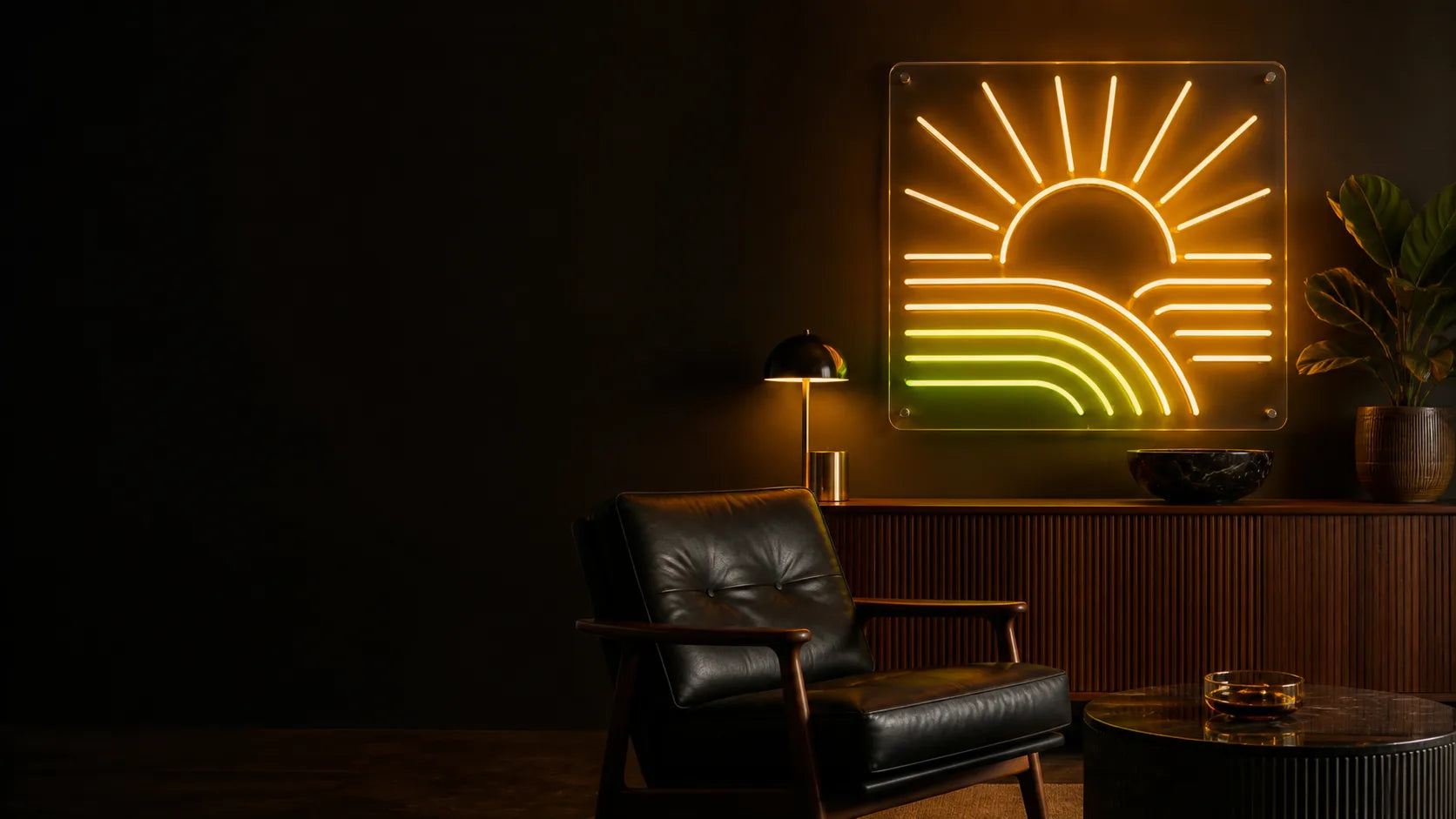 Vintage-inspired abstract LED neon sign in a dark mid-century lounge