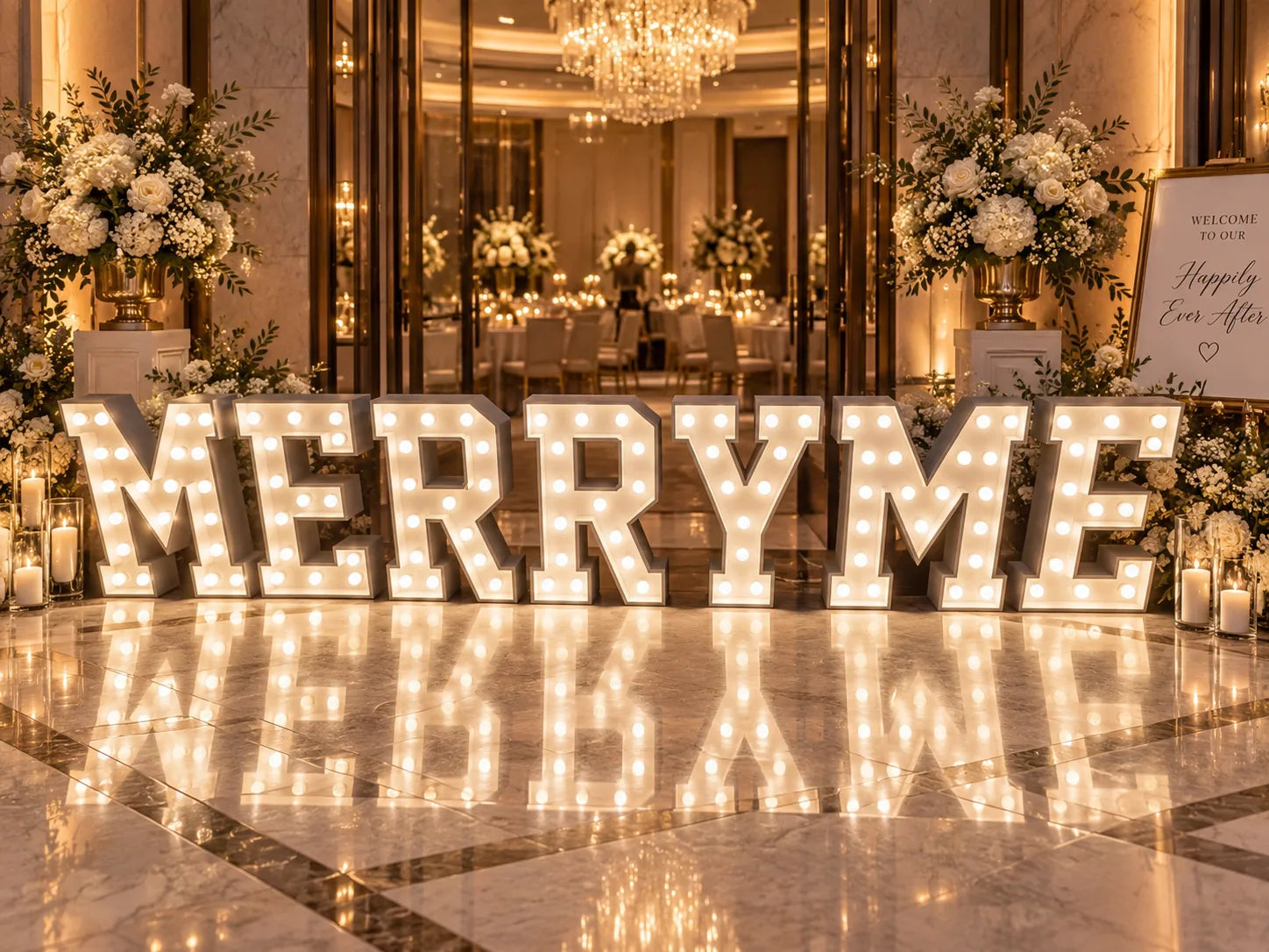 Illuminated MERRY ME marquee channel letters with exposed round bulbs at an indoor wedding venue