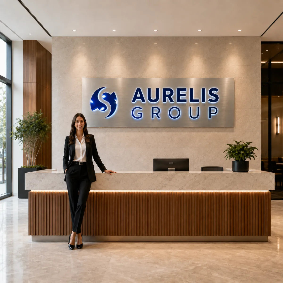 Blue and white Aurelis Group illuminated logo sign behind a modern office reception desk